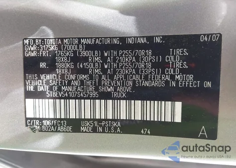 2007 Toyota Tundra Sr5 5.7L V8 from USA, damaged, VIN 5TBEV54107S457995